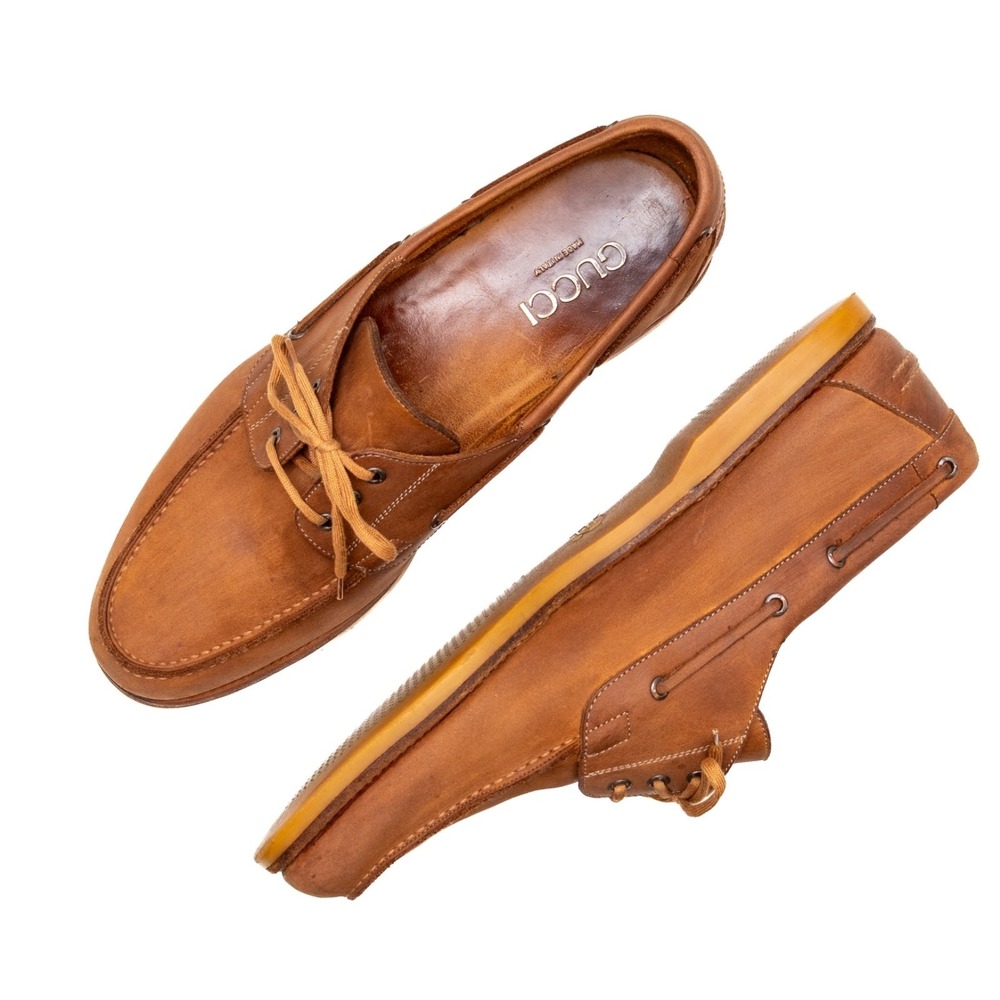 Gucci Men's Leather Boat Shoes Brown Mens US 10 Moc Toe Lace Up‎ Made in Italy
